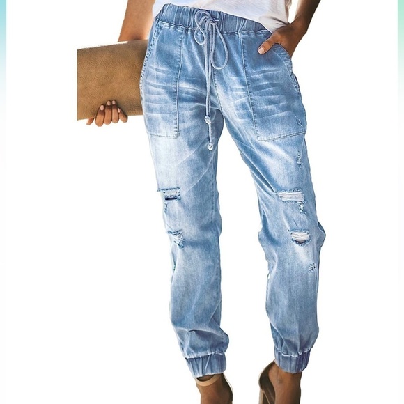 Denim - WOMEN Pull-on Distressed Denim Joggers Elastic Waist Stretch Pants